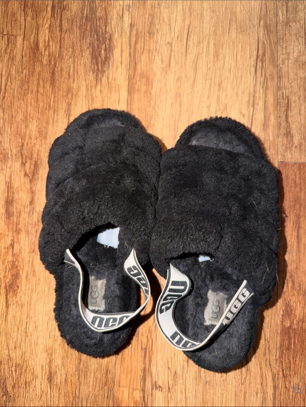 UGG Black Fuzzy Slide Sandals with Logo Strap